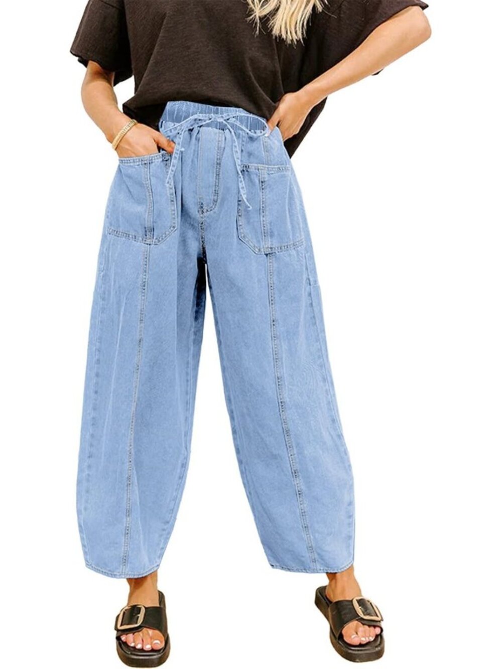 Stylish Women's Baggy Denim Pants with Drawstring - Trendy Barrel Jeans